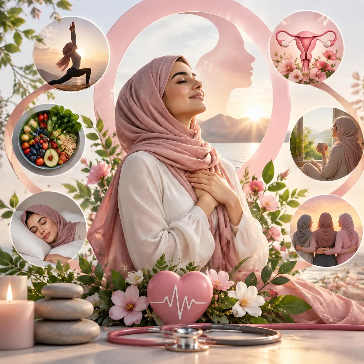 تصویر مفهومی از سلامت بانوان شامل آرامش، تغذیه، فعالیت، خواب و حمایت اجتماعی
